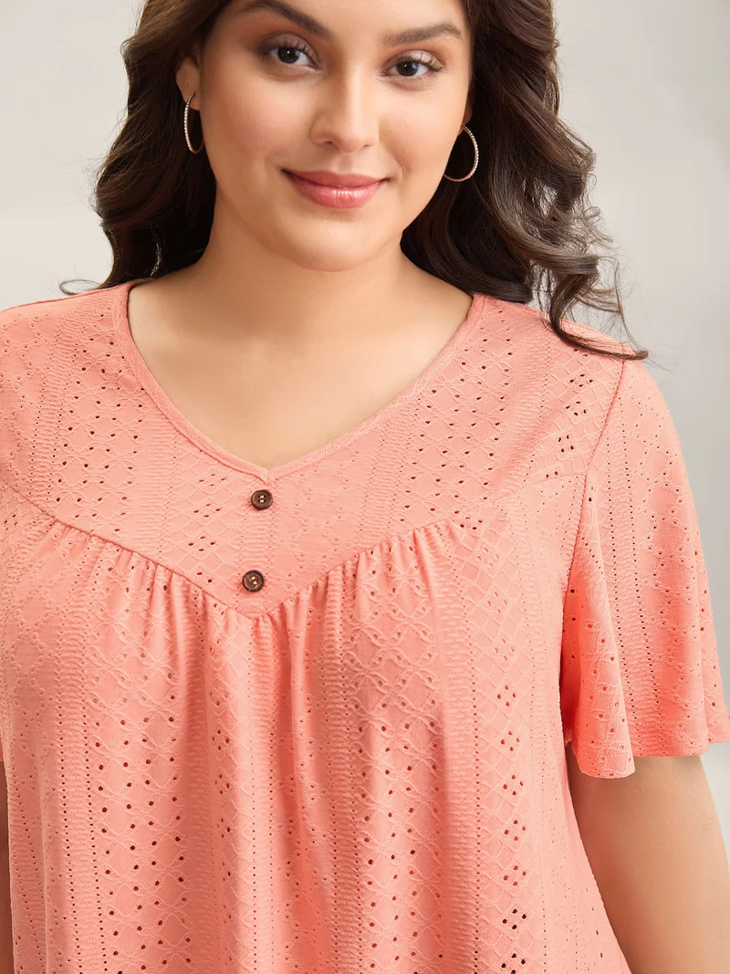 Textured Button Detail Pleated T-Shirt