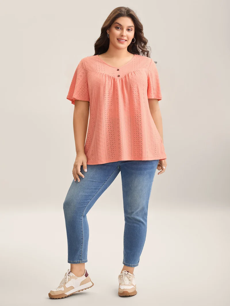 Textured Button Detail Pleated T-Shirt
