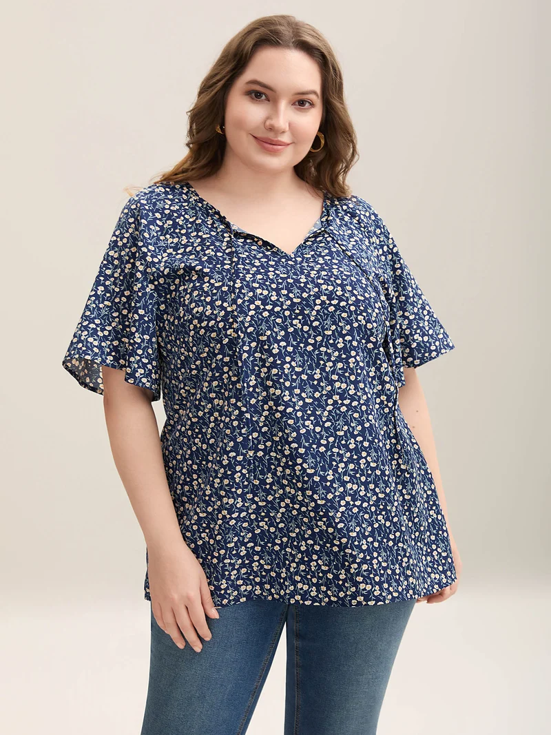 Floral Printed Lotus Sleeve Tied Blouse