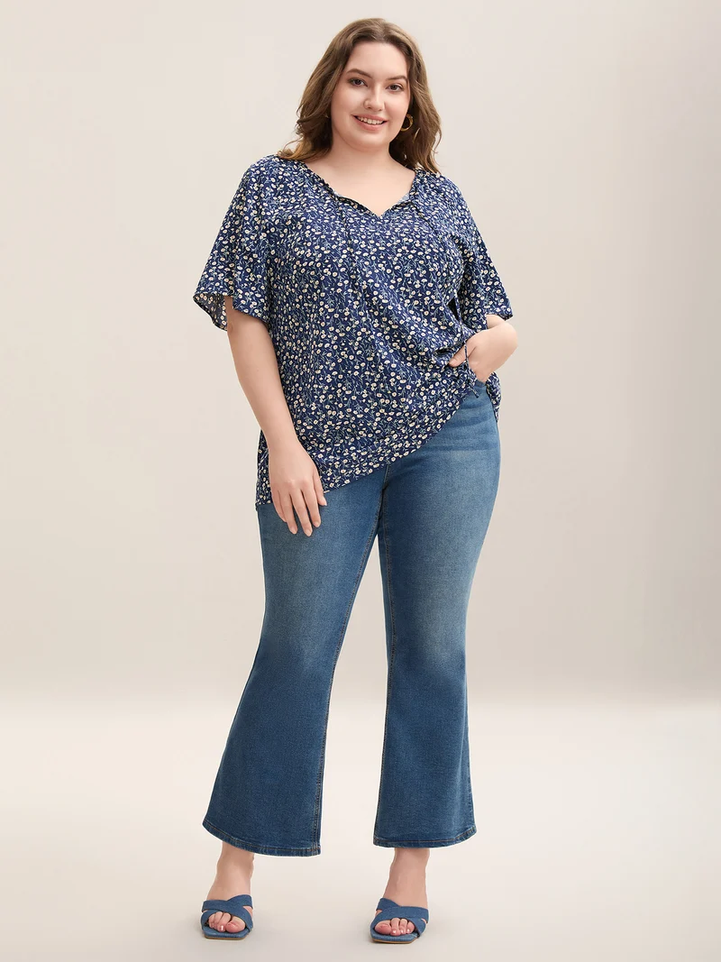 Floral Printed Lotus Sleeve Tied Blouse