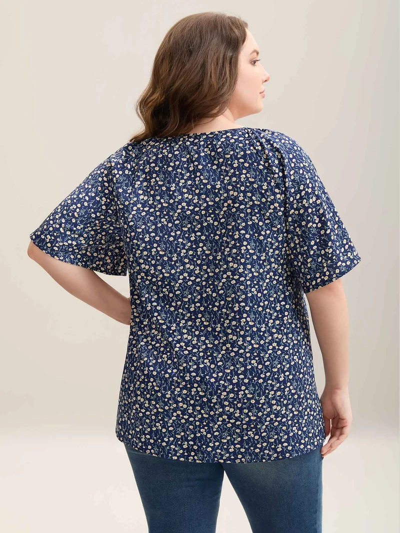 Floral Printed Lotus Sleeve Tied Blouse