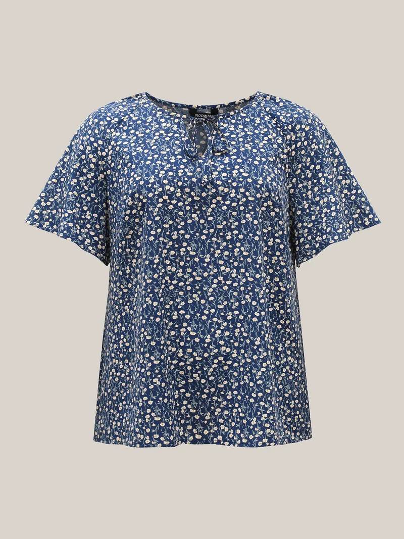 Floral Printed Lotus Sleeve Tied Blouse