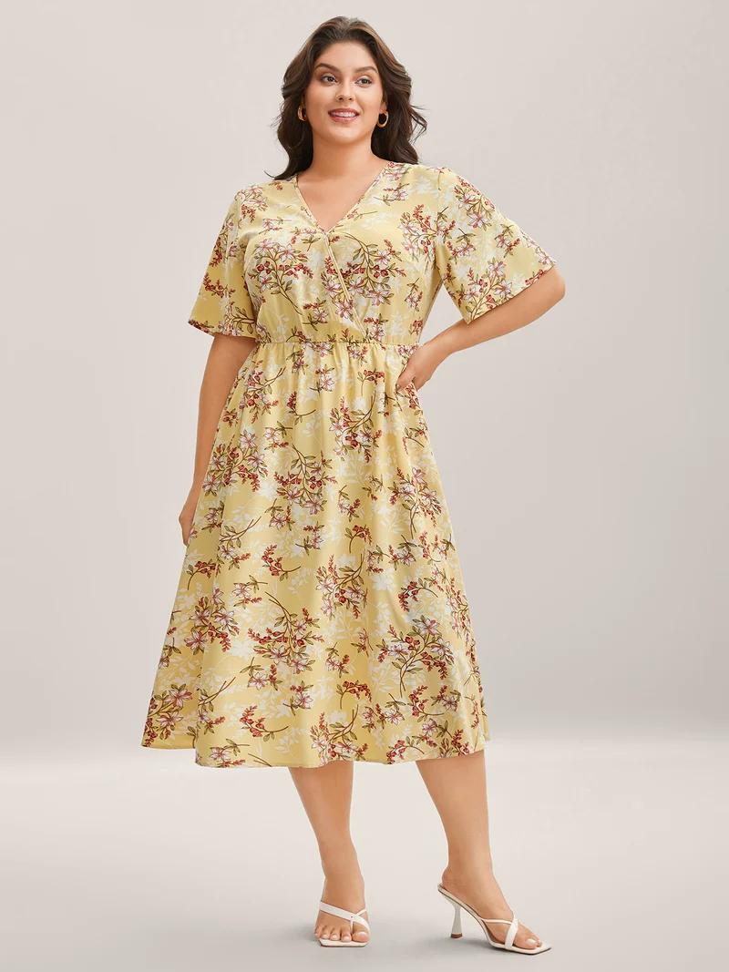 Large Flower Print Pockets Surplice Midi Dress