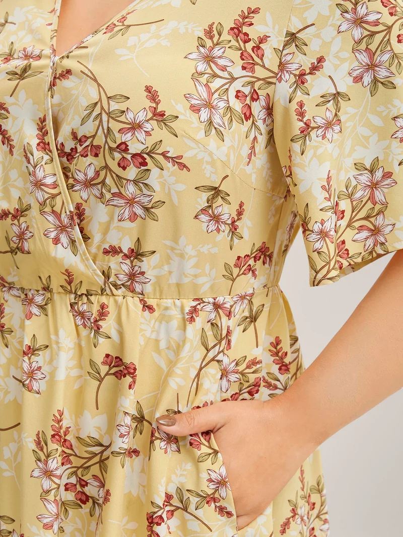 Large Flower Print Pockets Surplice Midi Dress