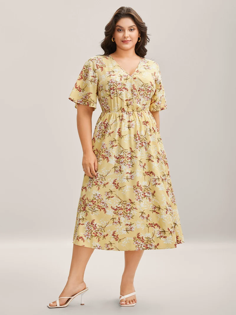 Large Flower Print Pockets Surplice Midi Dress