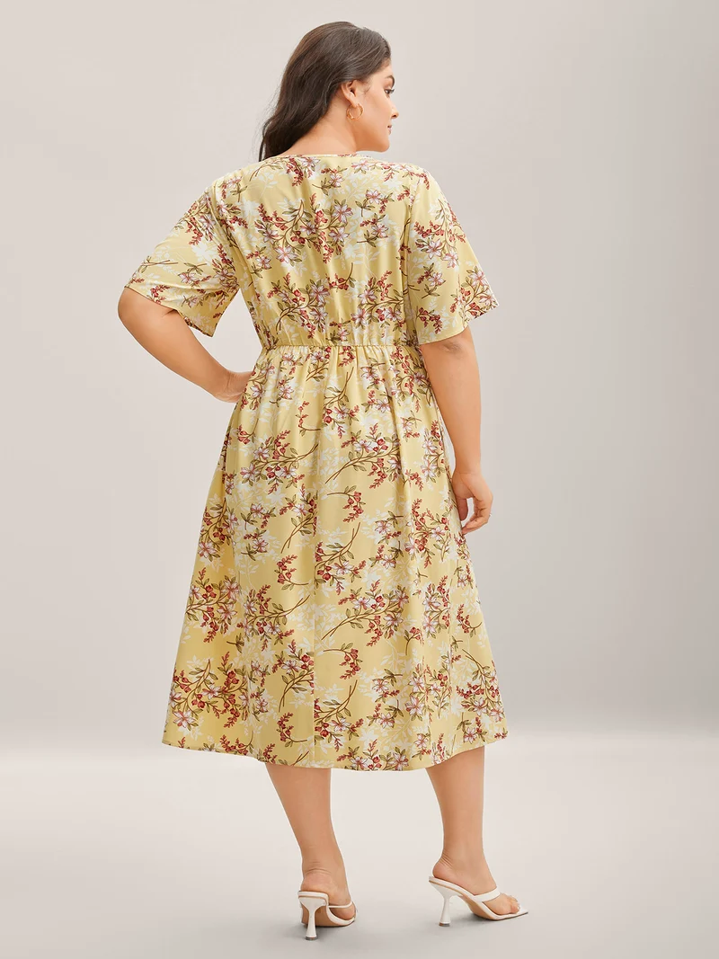 Large Flower Print Pockets Surplice Midi Dress