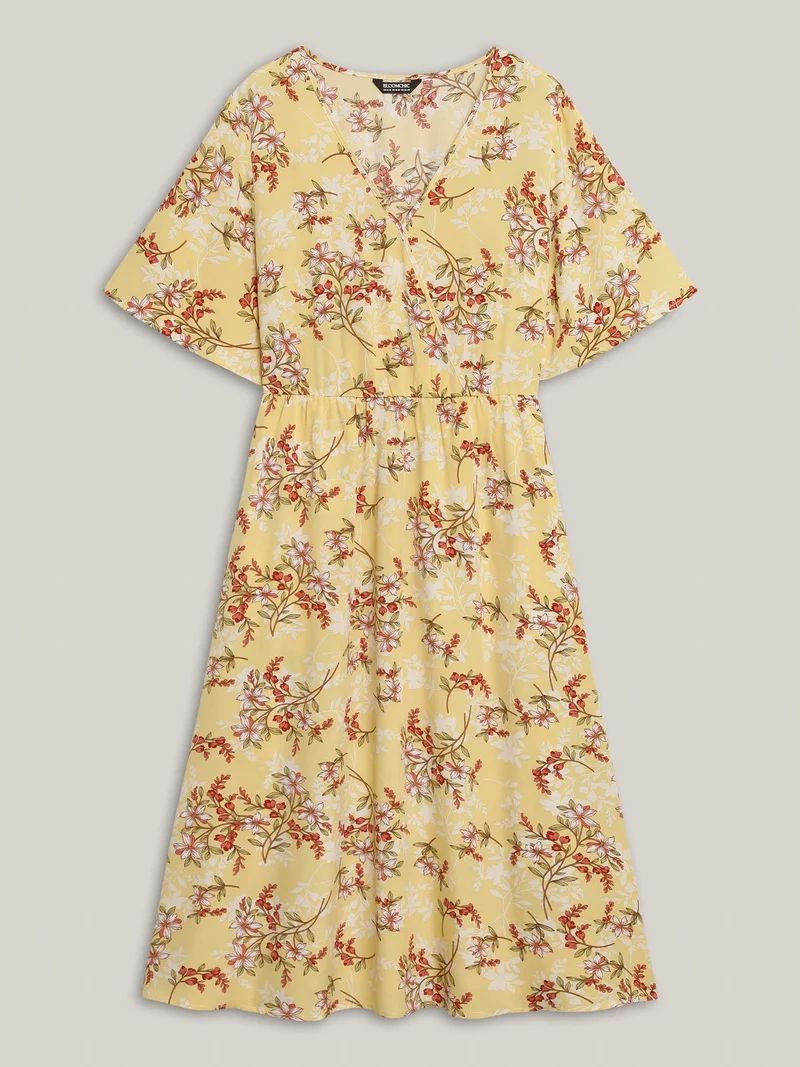 Large Flower Print Pockets Surplice Midi Dress