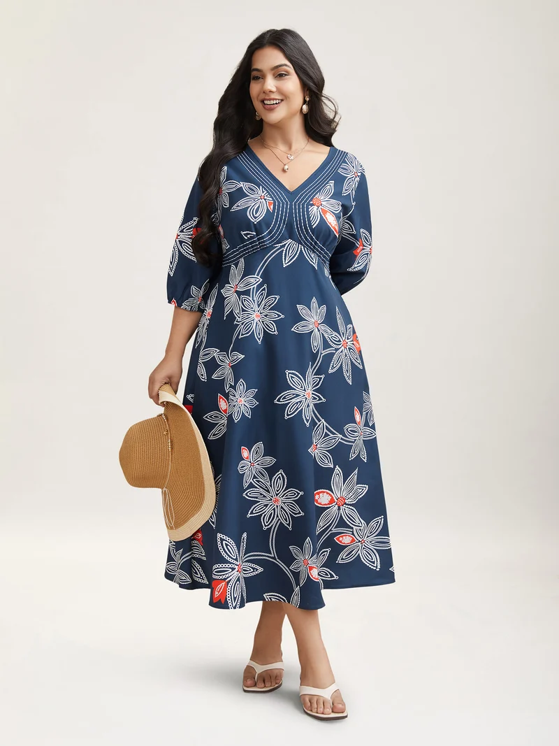 Boho Floral Arc Neck Waist-Cinched Dress
