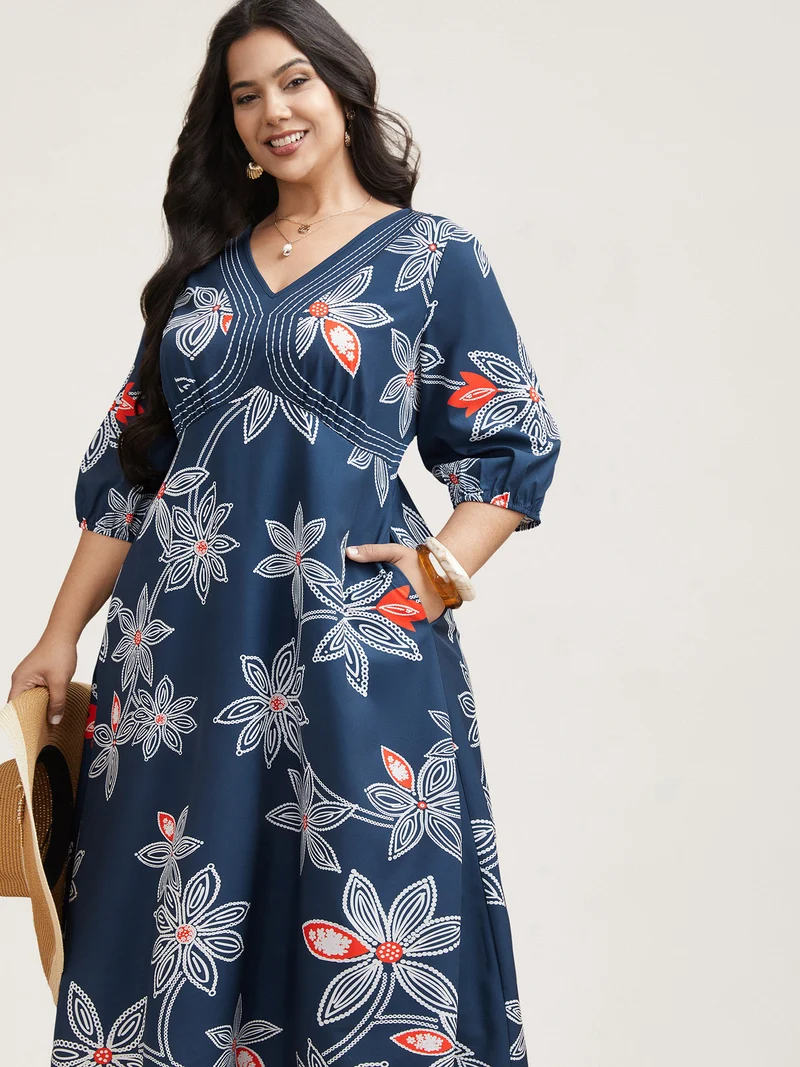 Boho Floral Arc Neck Waist-Cinched Dress