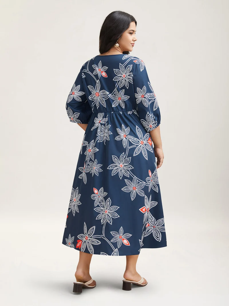 Boho Floral Arc Neck Waist-Cinched Dress
