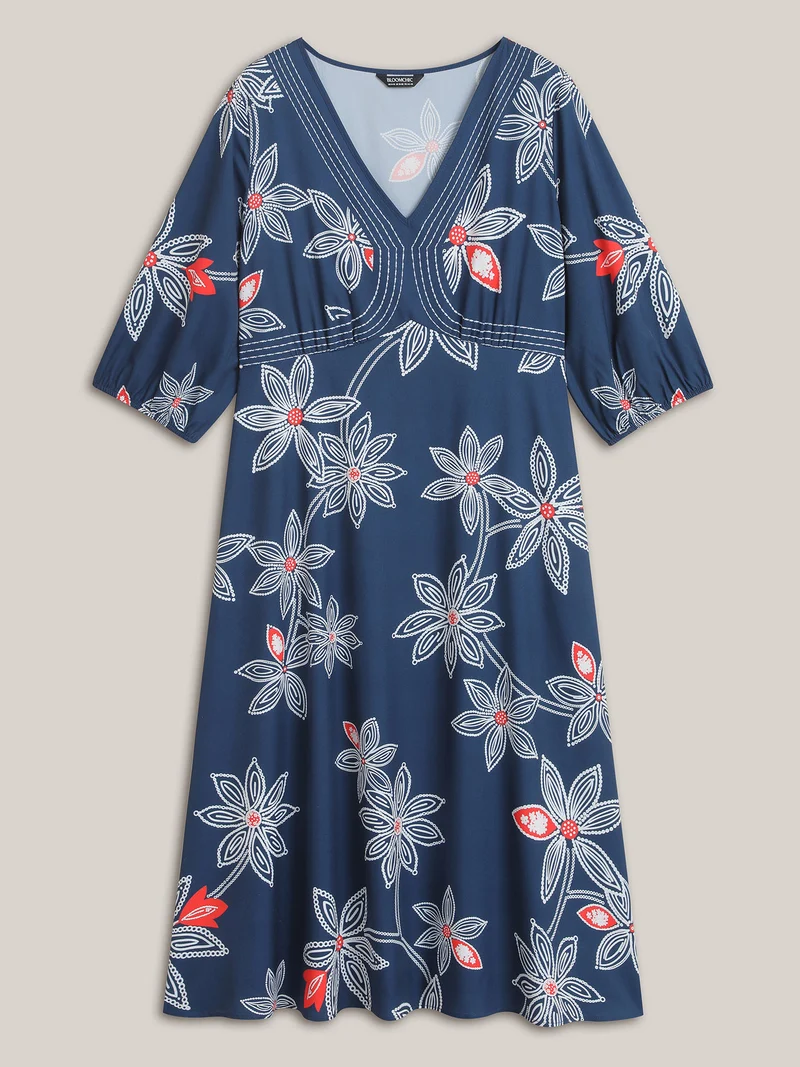 Boho Floral Arc Neck Waist-Cinched Dress