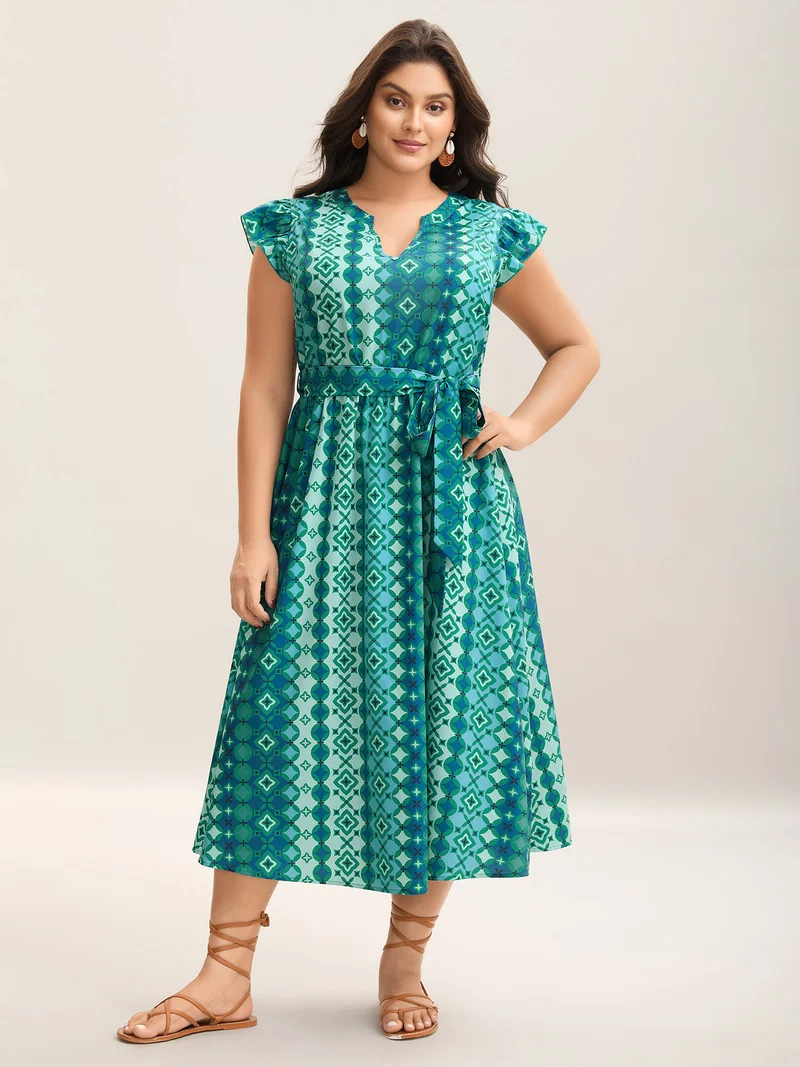 Boho Vacation Print Belted Notched Midi Dress