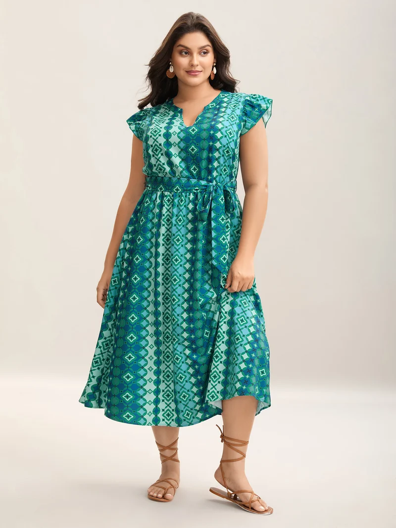 Boho Vacation Print Belted Notched Midi Dress