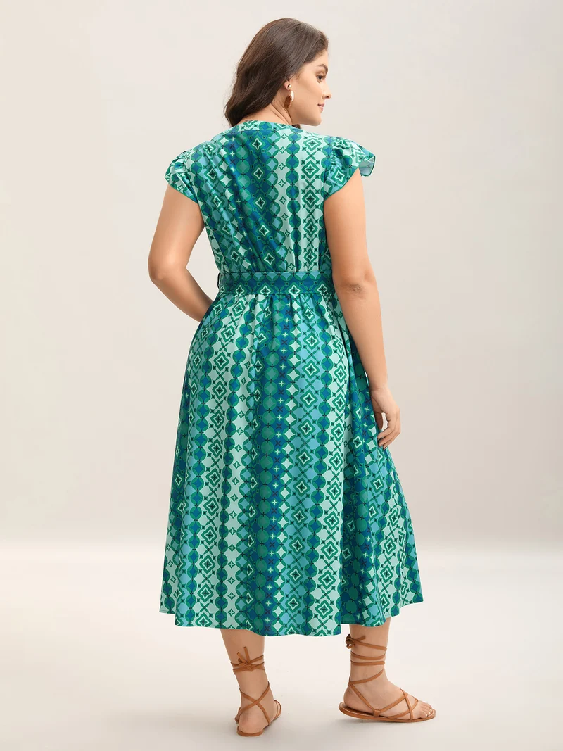 Boho Vacation Print Belted Notched Midi Dress