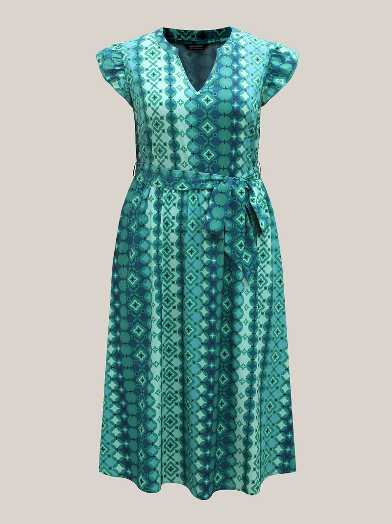 Boho Vacation Print Belted Notched Midi Dress