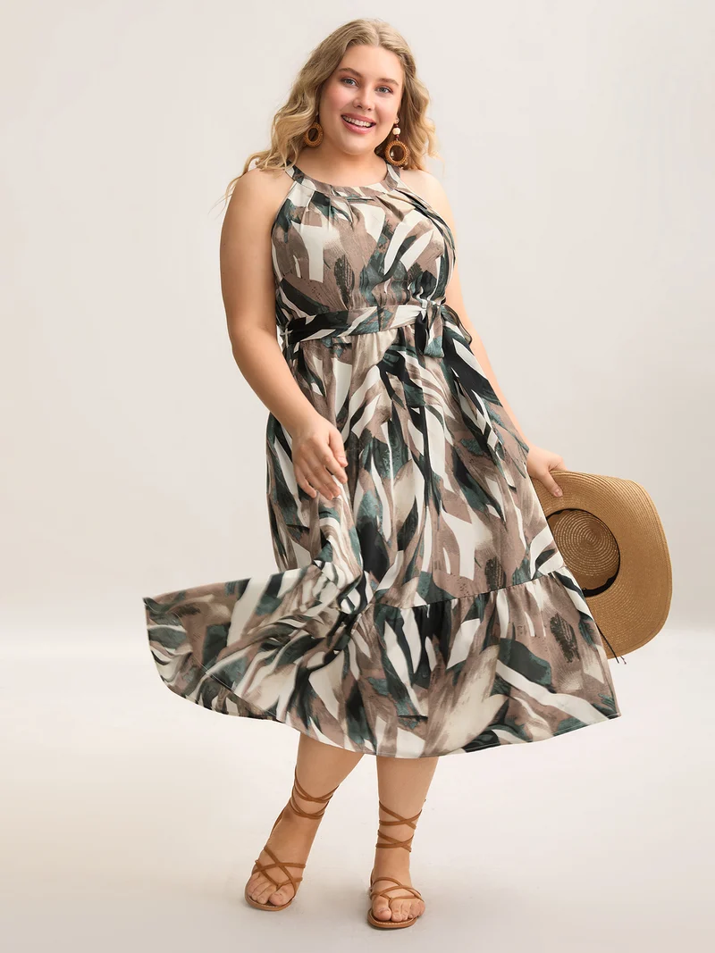 Leaf Print Halter Neck Tiered Midi Dress