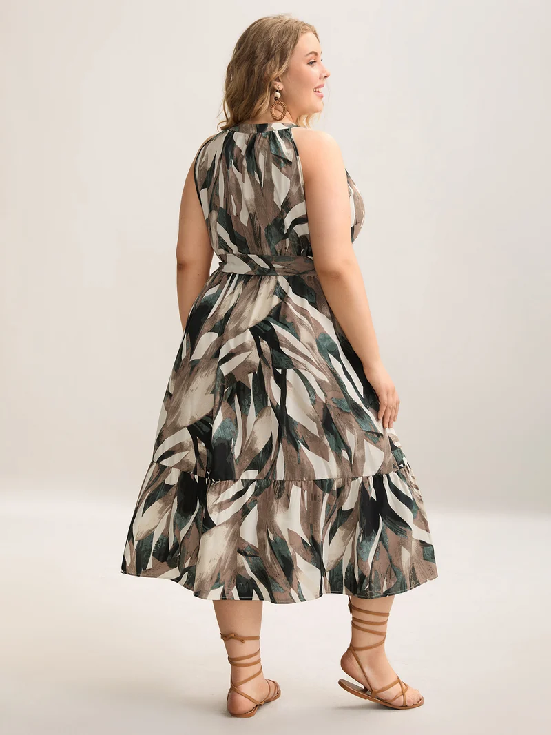 Leaf Print Halter Neck Tiered Midi Dress