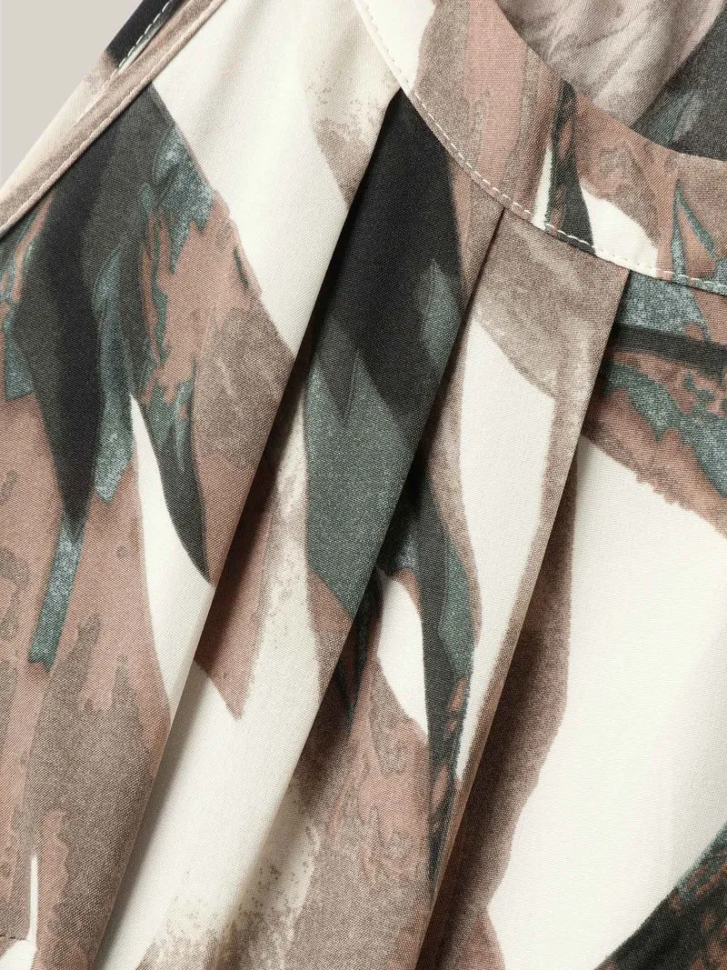 Leaf Print Halter Neck Tiered Midi Dress
