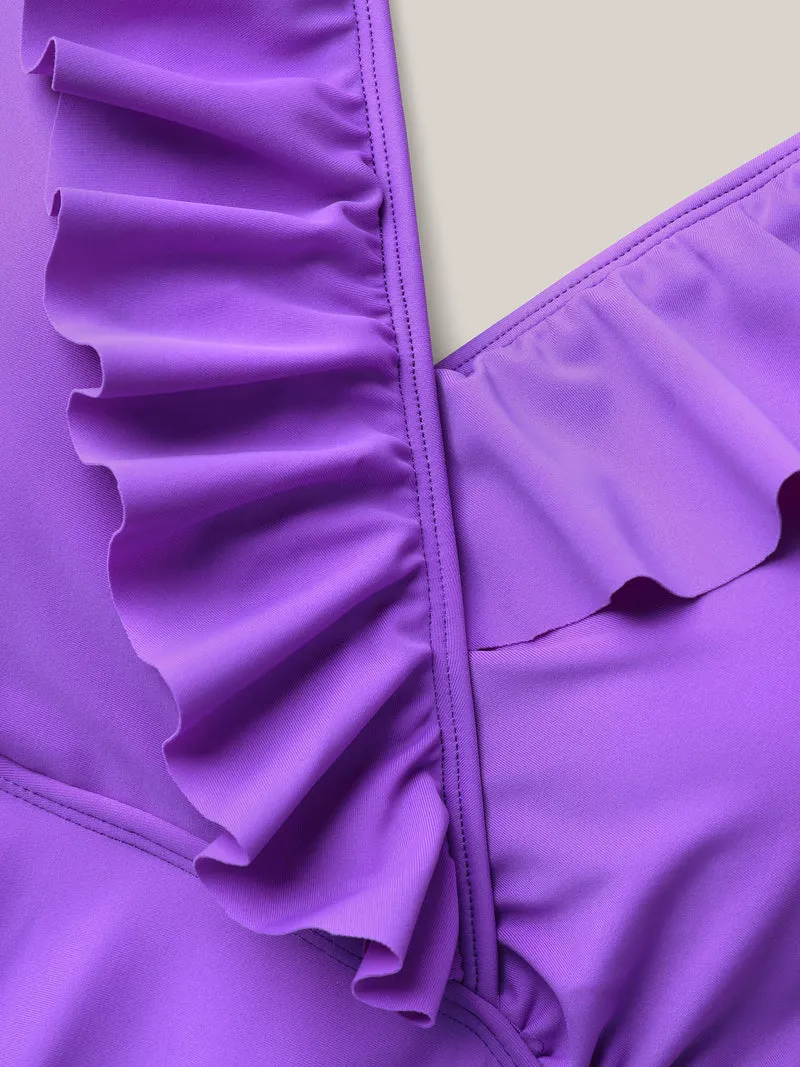 Ruffled Edge Waist-Tie Flared Swim Dress
