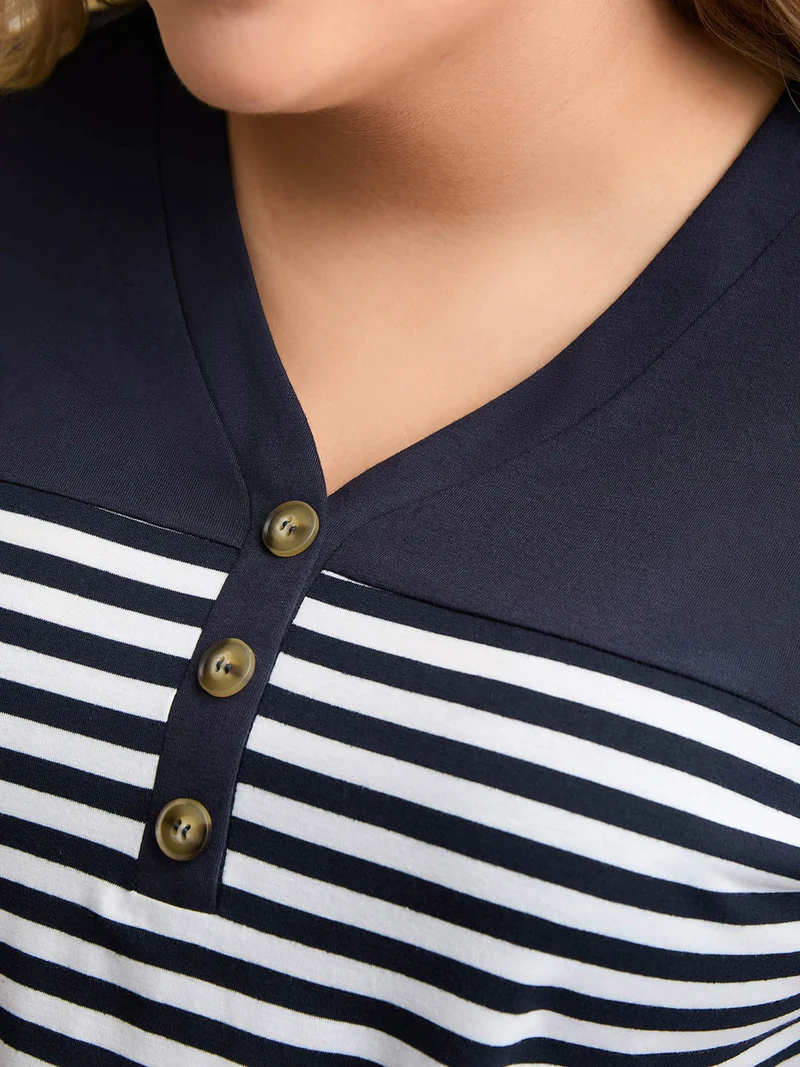 Stretchy Striped Button Front T-Shirt