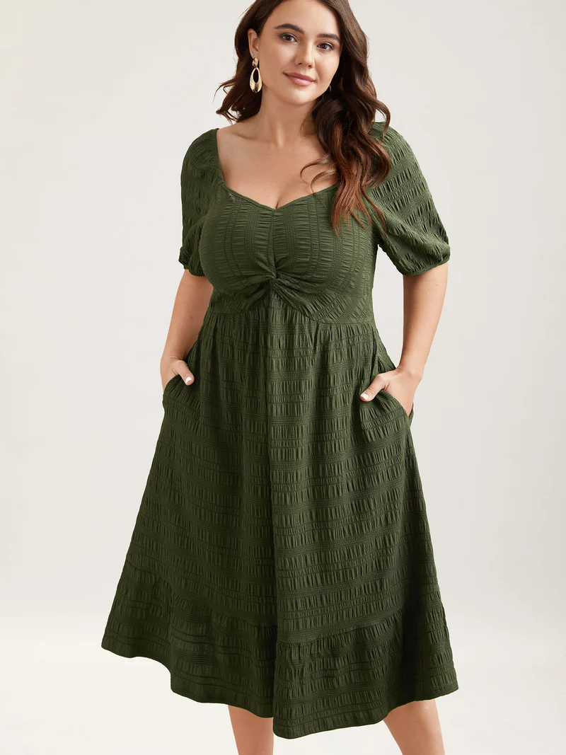 Textured Front-Twist Square Neck Midi Dress