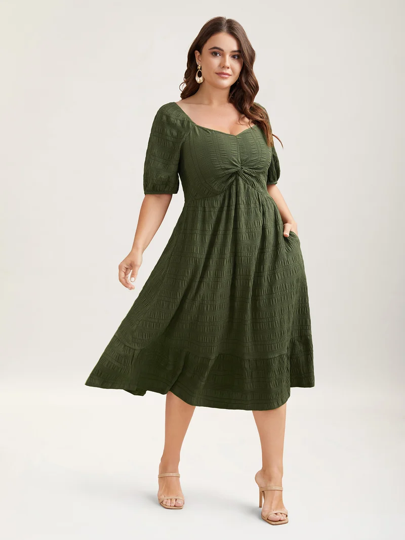 Textured Front-Twist Square Neck Midi Dress