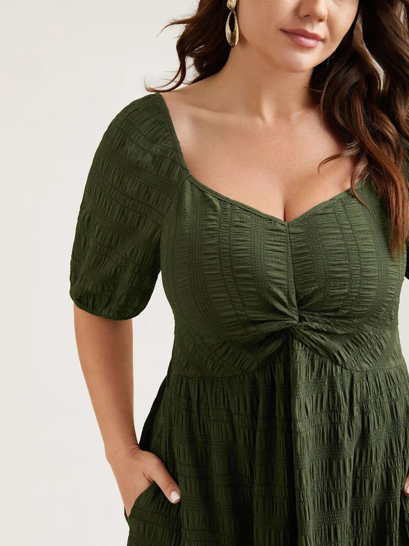 Textured Front-Twist Square Neck Midi Dress