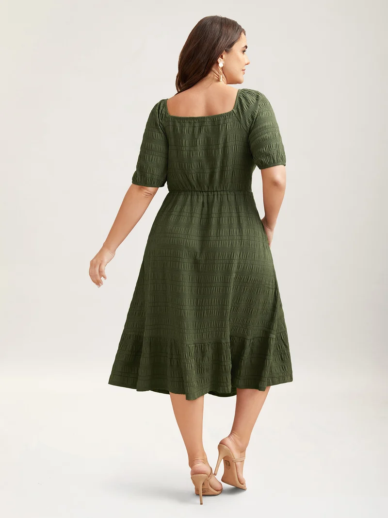 Textured Front-Twist Square Neck Midi Dress