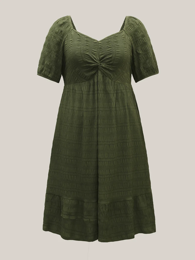 Textured Front-Twist Square Neck Midi Dress