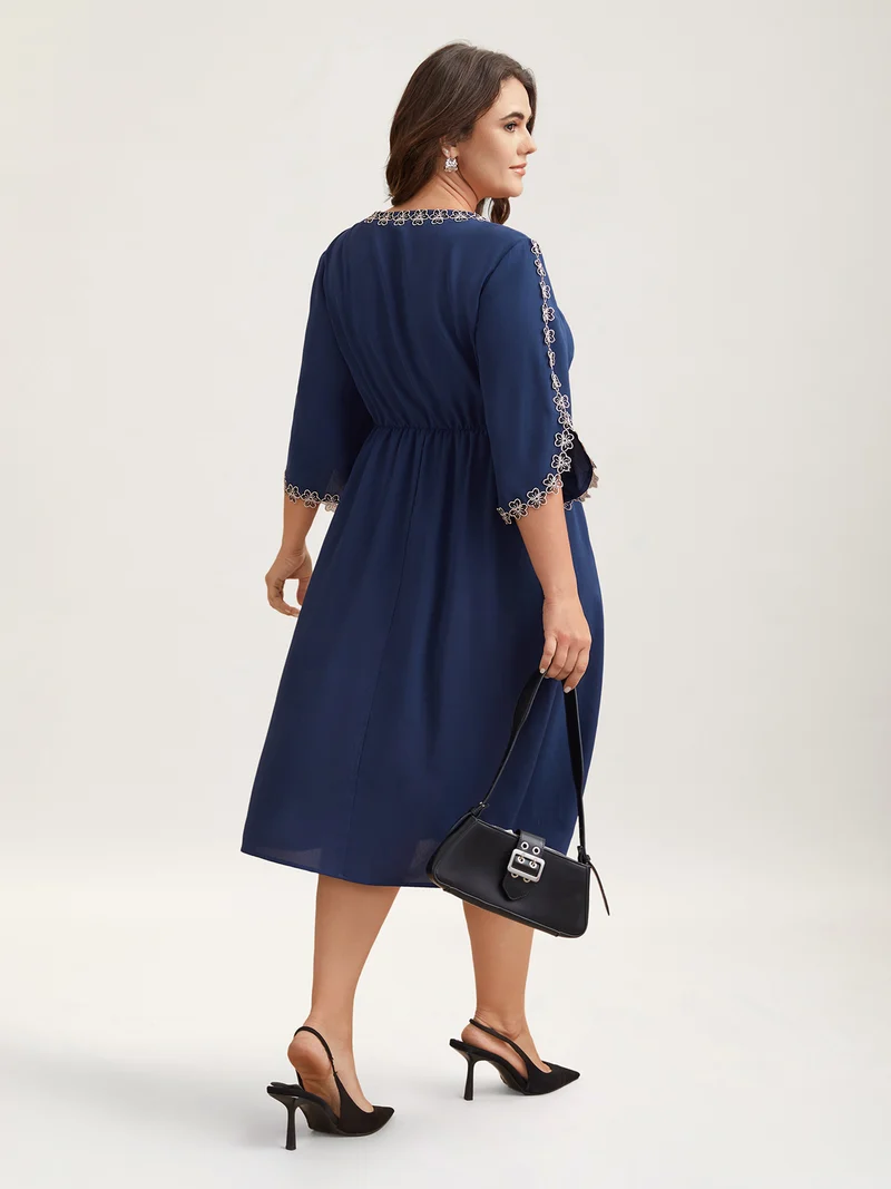 Lace Detail Trumpet Sleeve Midi Dress