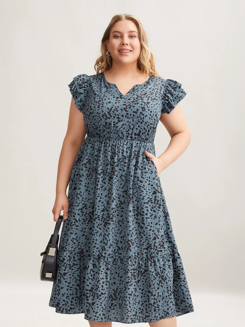 Leopard Print Flutter Sleeve Tiered Midi Dress