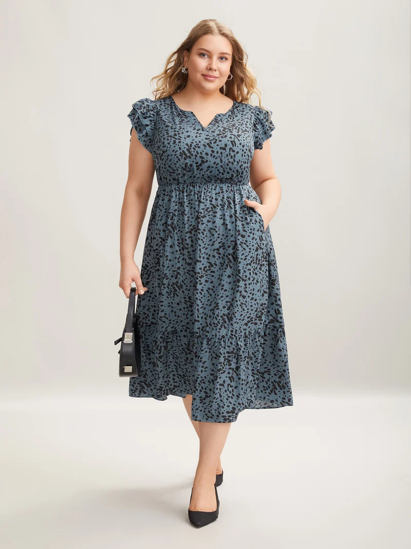 Leopard Print Flutter Sleeve Tiered Midi Dress