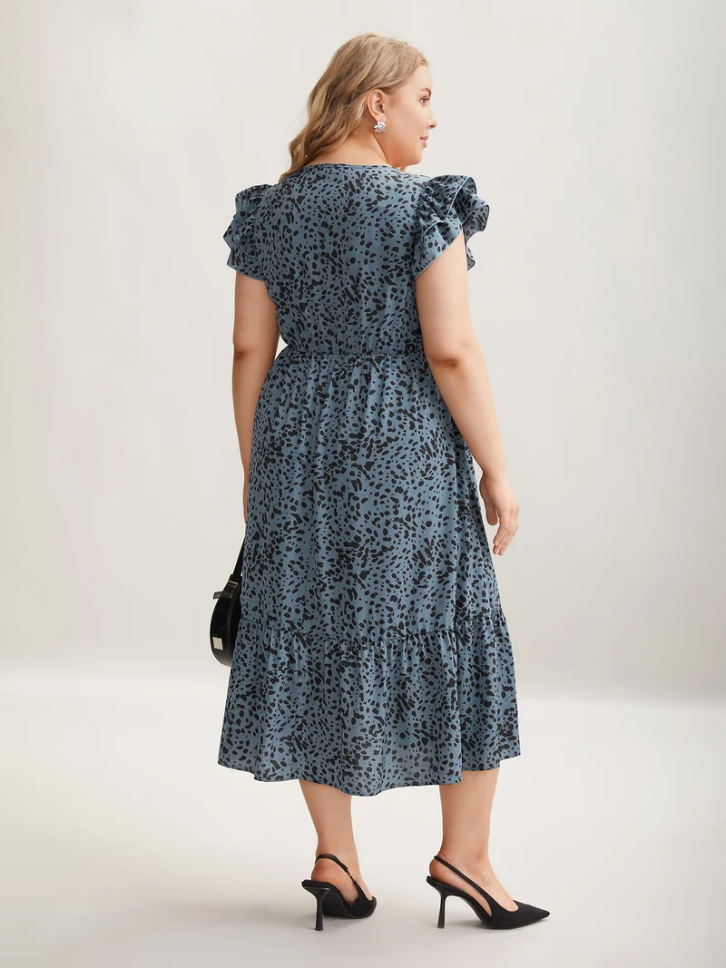 Leopard Print Flutter Sleeve Tiered Midi Dress