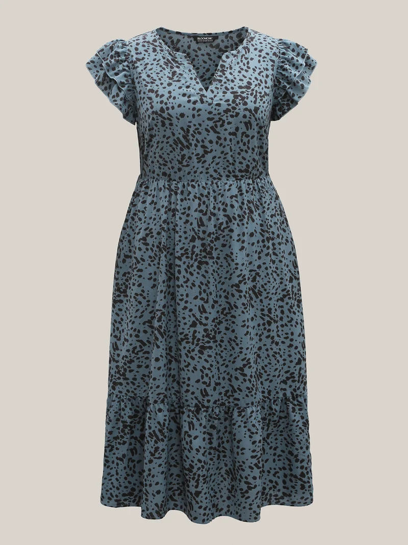 Leopard Print Flutter Sleeve Tiered Midi Dress