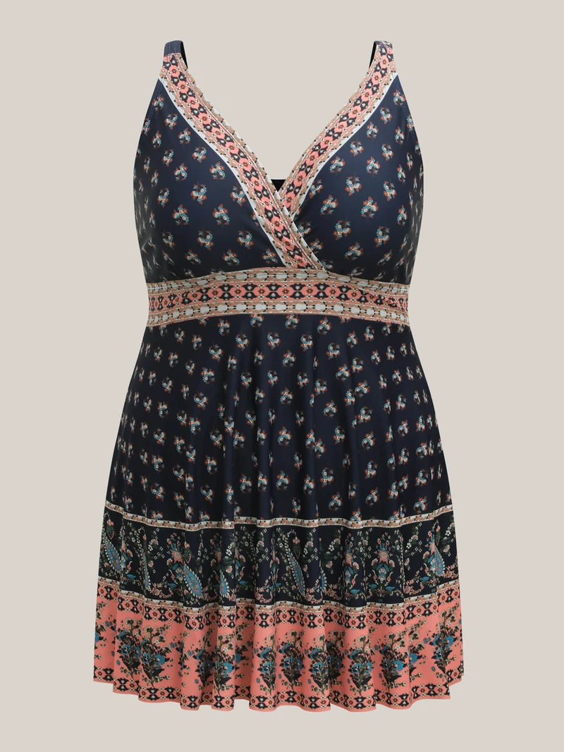 Boho Print Surplice Neck Contrast Swim Dress