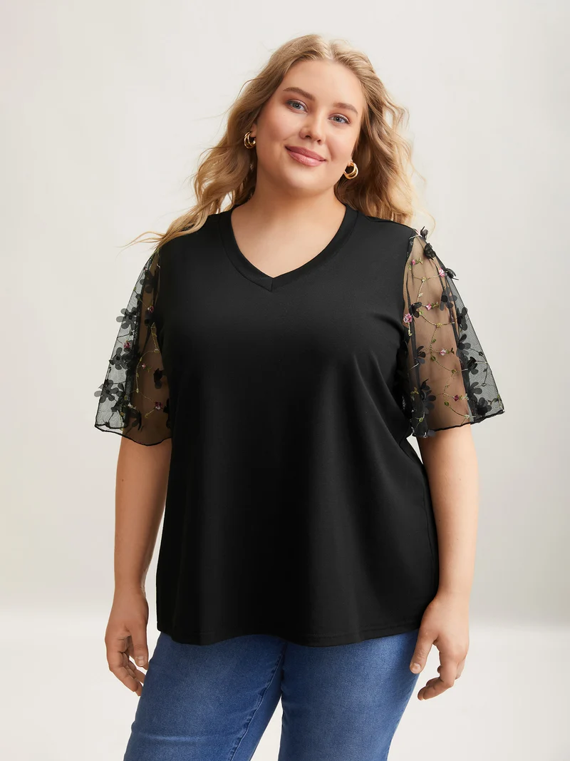 Sheer Mesh Sleeve Stretchy T-Shirt