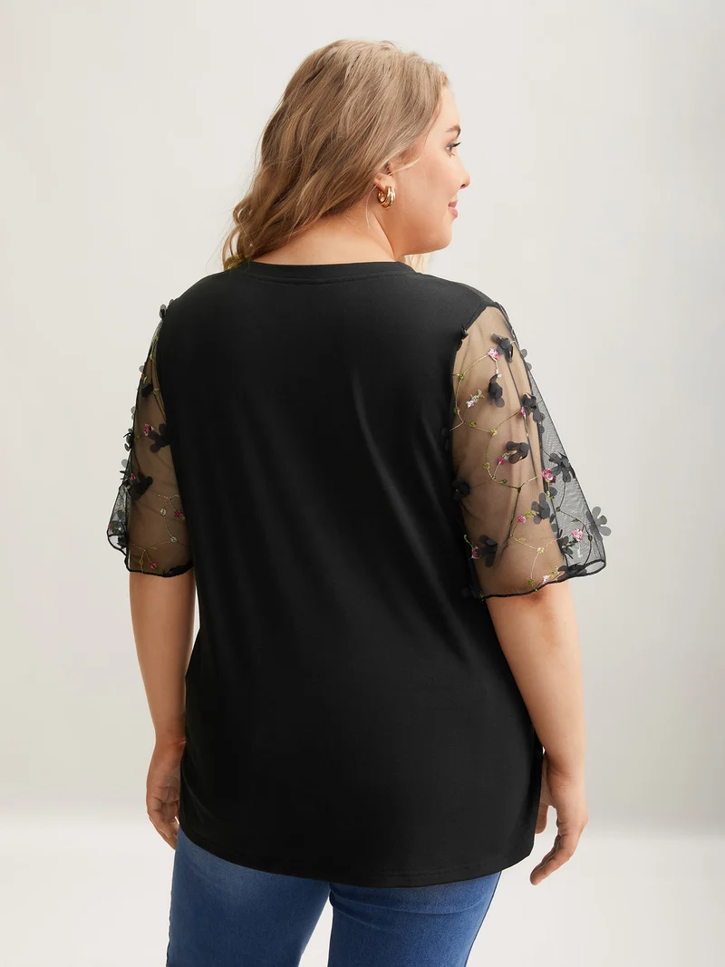 Sheer Mesh Sleeve Stretchy T-Shirt