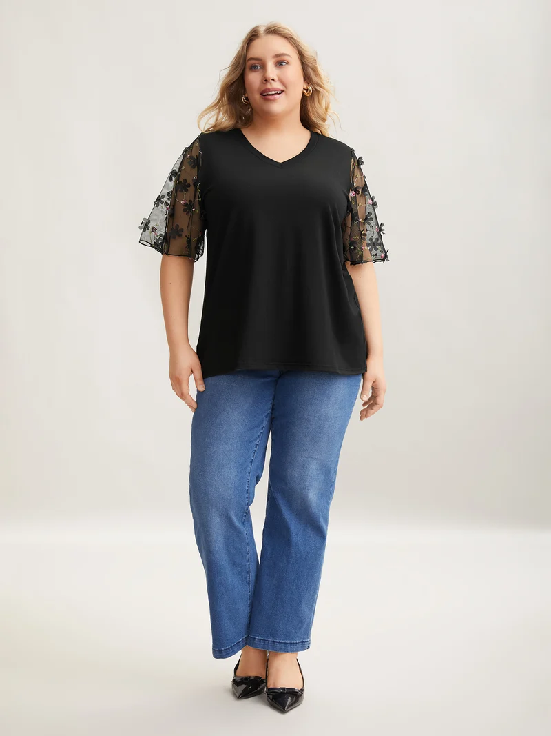 Sheer Mesh Sleeve Stretchy T-Shirt