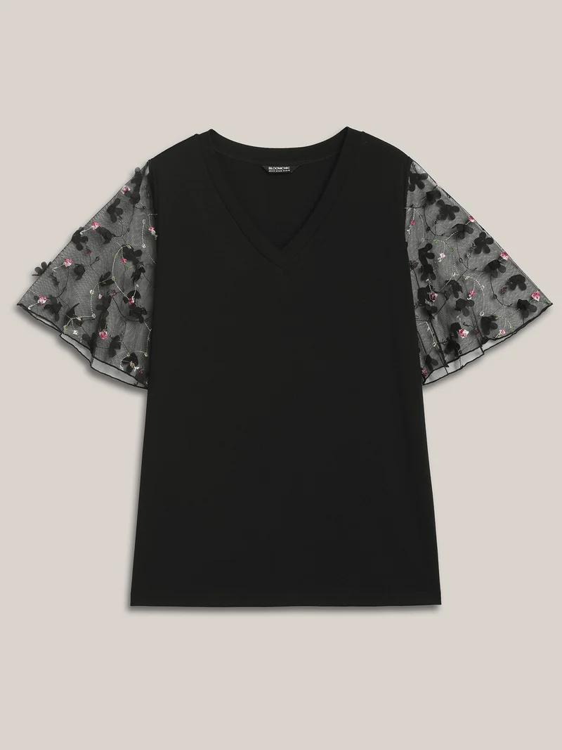 Sheer Mesh Sleeve Stretchy T-Shirt