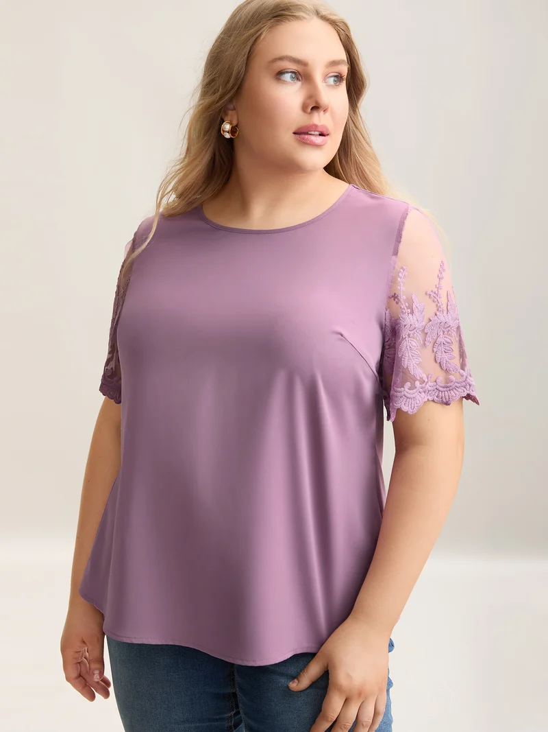 Spliced Sheer Sleeve Plain Curvy Fit Blouse