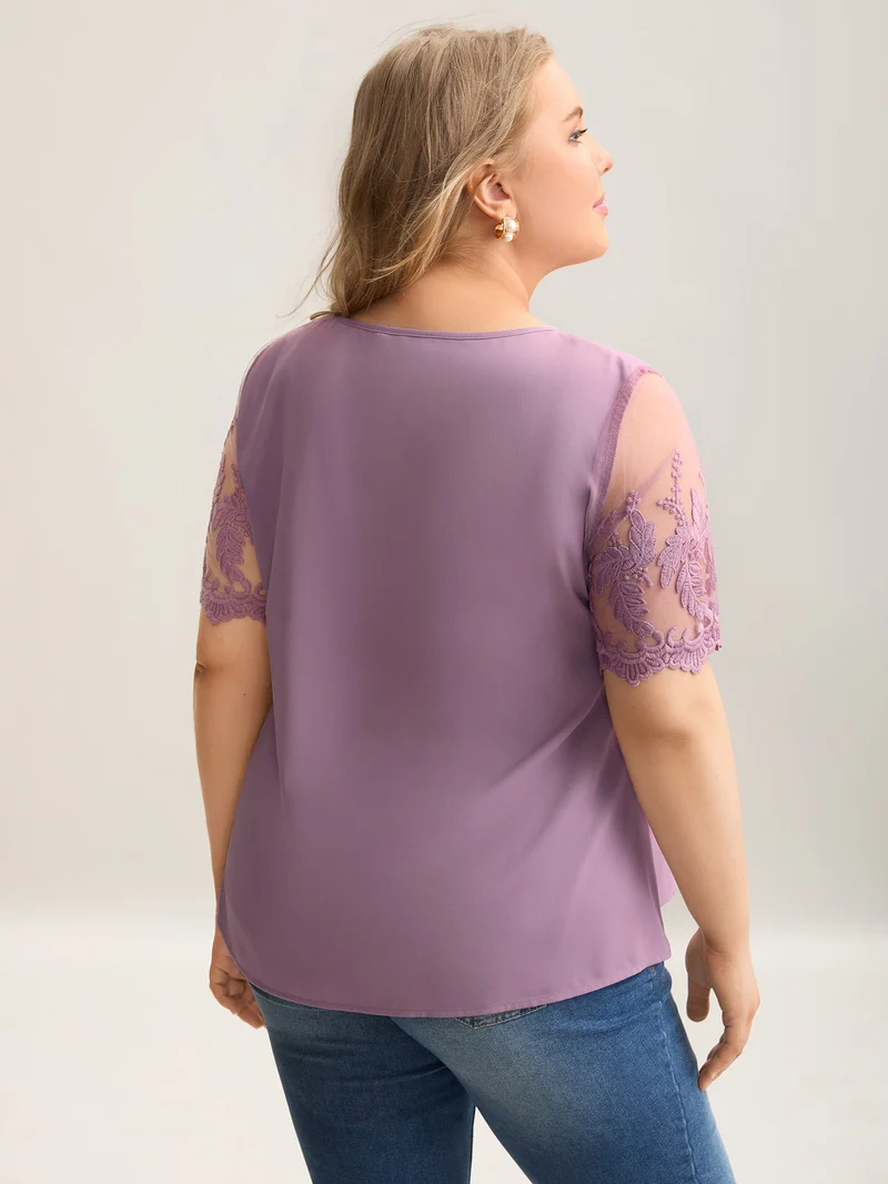 Spliced Sheer Sleeve Plain Curvy Fit Blouse
