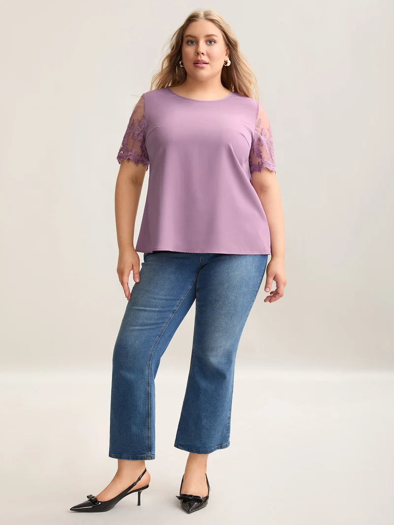 Spliced Sheer Sleeve Plain Curvy Fit Blouse