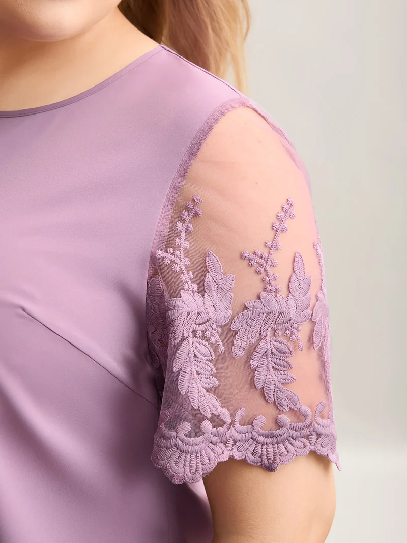 Spliced Sheer Sleeve Plain Curvy Fit Blouse