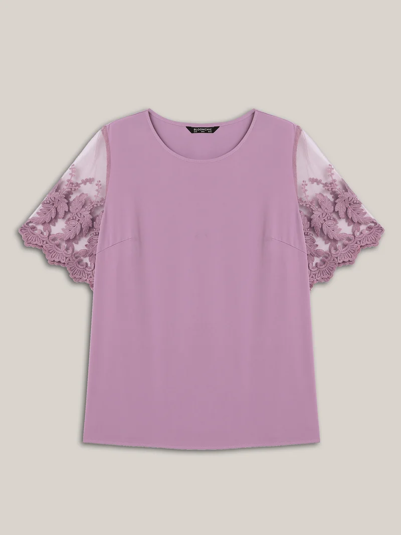 Spliced Sheer Sleeve Plain Curvy Fit Blouse