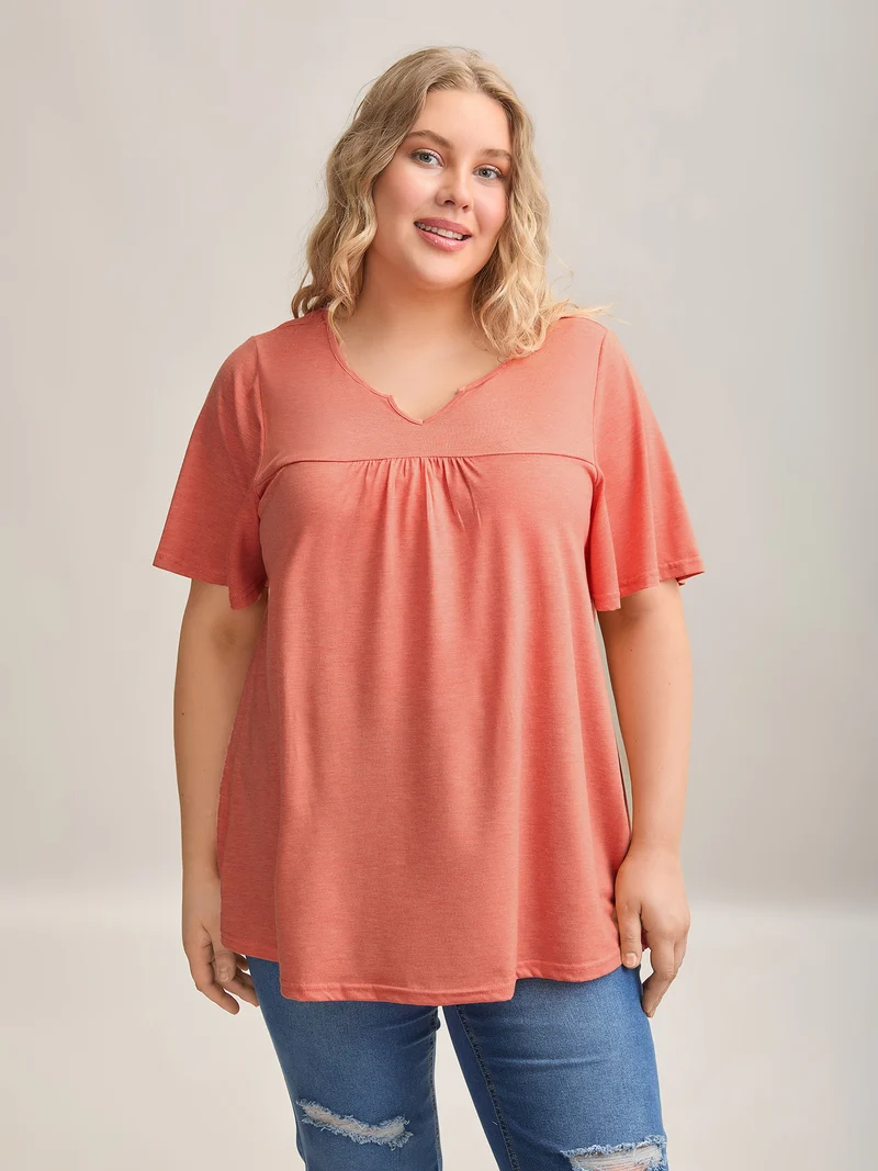 Heathered Split Neckline Plain T-Shirt