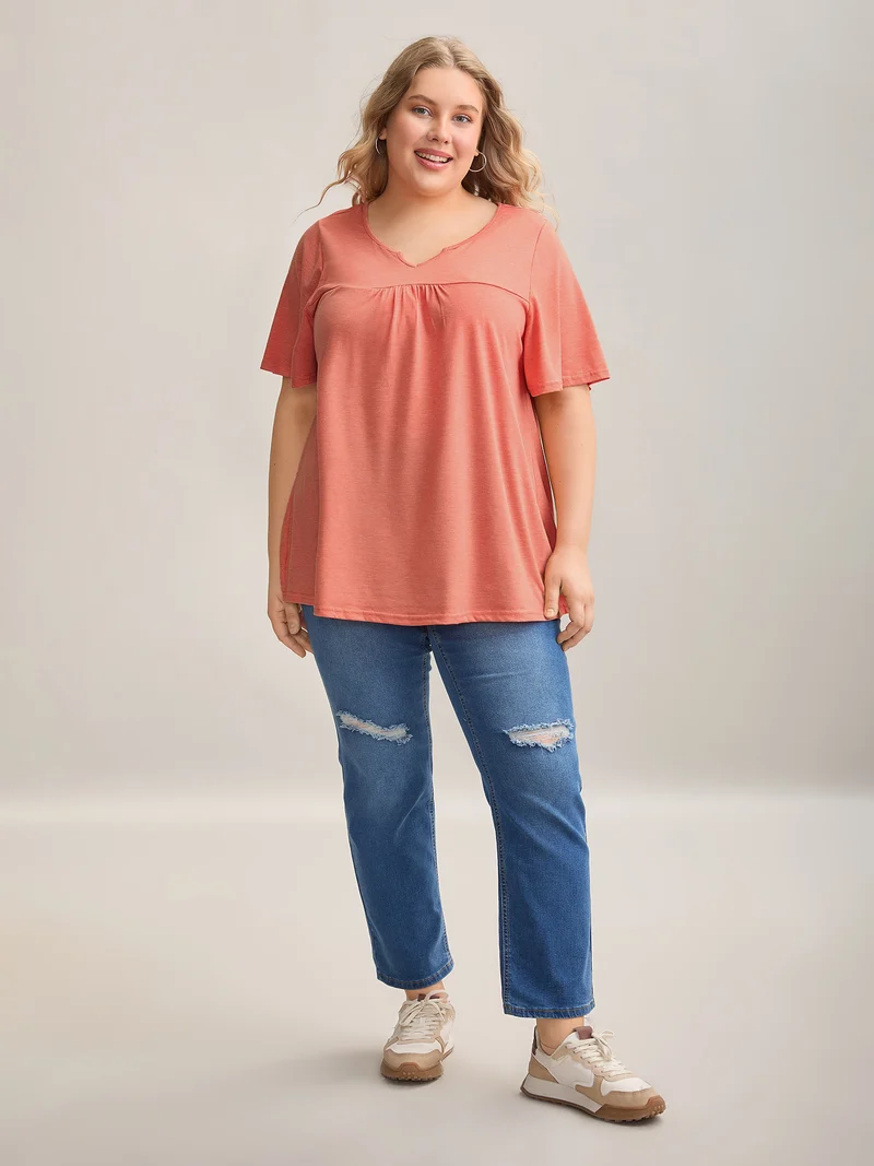Heathered Split Neckline Plain T-Shirt