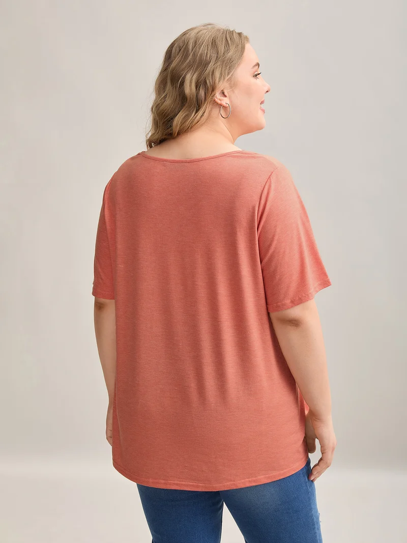 Heathered Split Neckline Plain T-Shirt