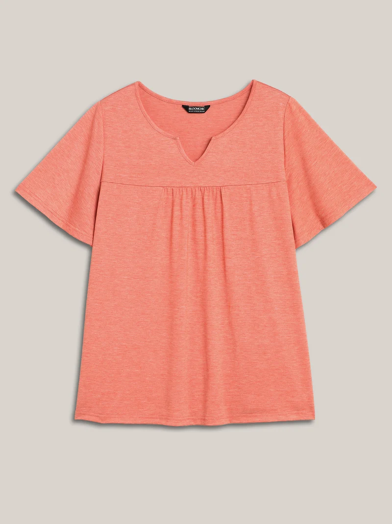 Heathered Split Neckline Plain T-Shirt