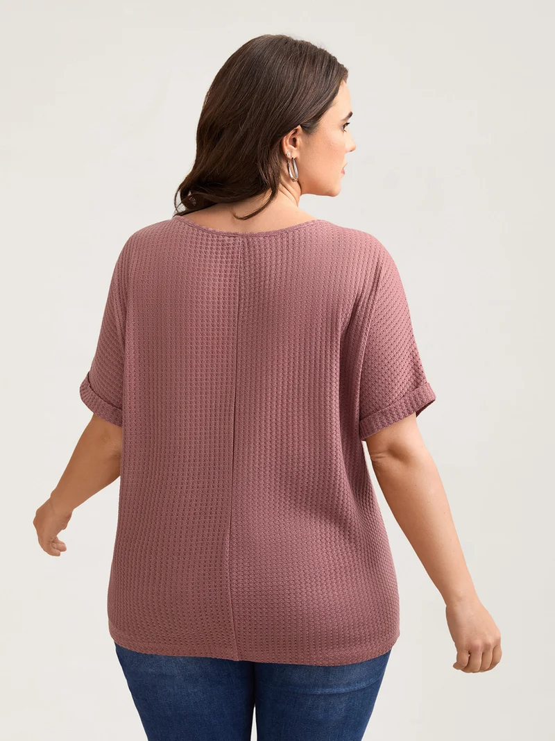 Waffle Knit Stretchy Button Split Neck T-Shirt