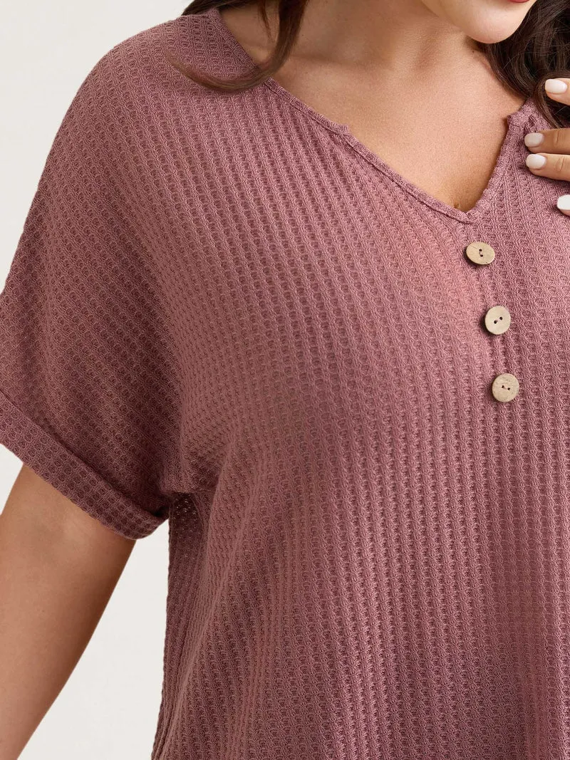 Waffle Knit Stretchy Button Split Neck T-Shirt